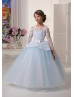 Ivory Lace Sky Blue Tulle Corset Back Floor Length Flower Girl Dress